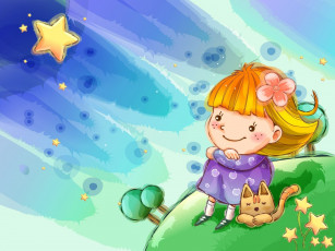 Картинка рисованное дети девочка кот звезда