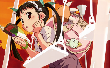 Картинка bakemonogatari аниме hachikuji+mayoi девушка форма портфель бант лента качели деревья