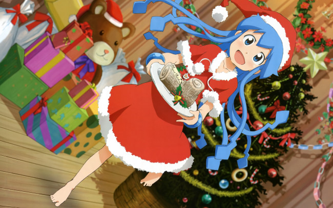 Обои картинки фото аниме, shinryaku, ika, musume, девушка, елка, подарки