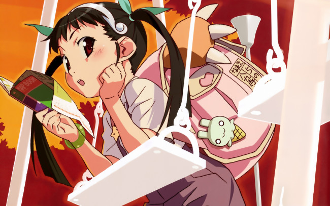 Обои картинки фото bakemonogatari, аниме, hachikuji mayoi, девушка, форма, портфель, бант, лента, качели, деревья