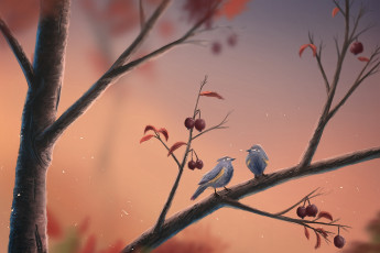 Картинка рисованные животные ветка птицы ягоды