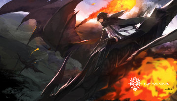 Картинка аниме pixiv+fantasia полет драконы магия арт swd3e2 парень небо огонь