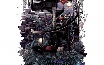 Картинка аниме -weapon +blood+&+technology книги эльф парень растения лестница