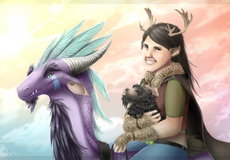 Картинка фэнтези существа дракон эльфийка рога улыбка взгляд фон девушка