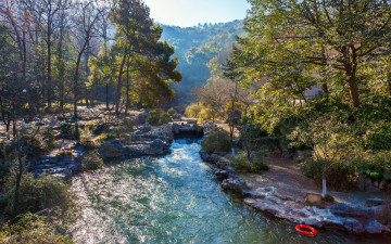 Картинка природа реки озера течение китай ручей камни деревья лес hangzhou
