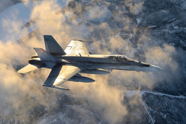 Обои картинки фото авиация, боевые самолёты, cf-18, hornet, хорнет, многоцелевой, истребитель, облака
