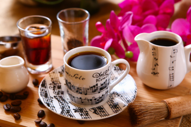 Обои картинки фото еда, кофе,  кофейные зёрна, зерна, напиток, ноты, чашка