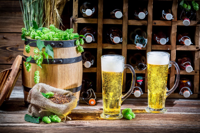 Обои картинки фото еда, напитки,  пиво, пиво, бочка, бутылка, бокал