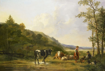 Картинка рисованное живопись пейзаж с пастухами и скотом питер герардус ван ос холст картина масло животные