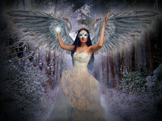 Обои картинки фото фэнтези, ангелы, платье, крылья, девушка, фон, маска
