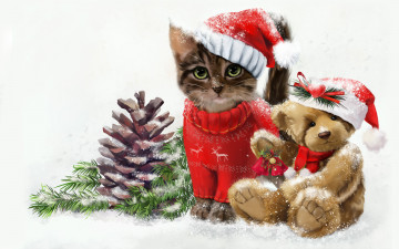 Картинка праздничные рисованные котенок мишка фон взгляд