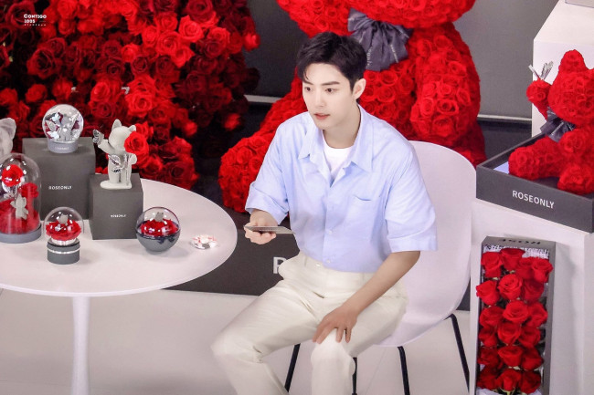 Обои картинки фото мужчины, xiao zhan, актер, розы, фигурки, презентация, стол, карточка