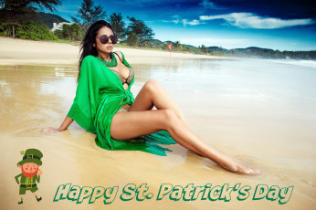 Картинка праздничные день+святого+патрика море пляж брюнетка зеленый наряд надпись
