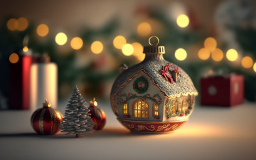 Картинка праздничные украшения елочка шарики новогодний домик