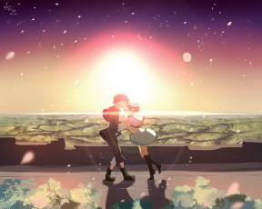 Картинка аниме shinsekai+yori арт hzrn ymj924 девушка парень закат солнце слезы радость небо