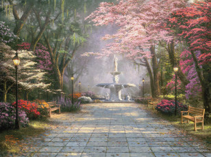 Картинка savannah+romance рисованные thomas+kinkade парк аллея фонарь фонтан цветы