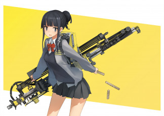 Картинка аниме -weapon +blood+&+technology шатенка технологии арт хвост жёлтый фон оружие девушка