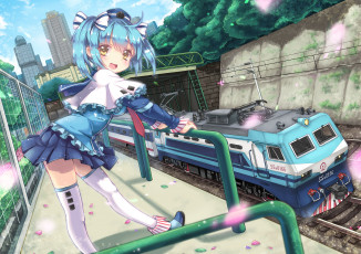 Картинка аниме -weapon +blood+&+technology деревья синие волосы поезд улыбка девушка арт