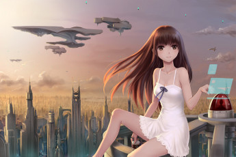 Картинка аниме -weapon +blood+&+technology корабли шатенка город девушка взгляд арт небо