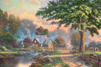Картинка simpler+times рисованные thomas+kinkade деревня дом лошадь река ручей