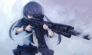 обоя аниме, -weapon,  blood & technology, оружие, арт, взгляд, девушка, снег
