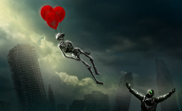 Картинка фэнтези нежить pilot небоскрёбы воздушные шарики пилот скелет романтика апокалипсиса