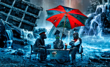 Картинка фэнтези люди зонтик сапог романтика апокалипсиса арт мороженное