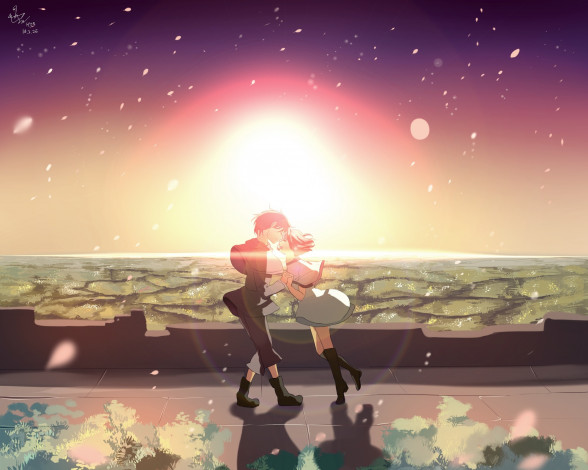 Обои картинки фото аниме, shinsekai yori, арт, hzrn, ymj924, девушка, парень, закат, солнце, слезы, радость, небо