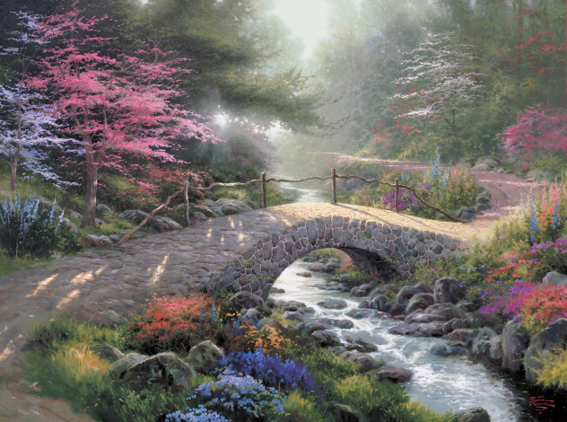 Обои картинки фото bridge of faith, рисованные, thomas kinkade, лес, свет, парк, ручей, мост