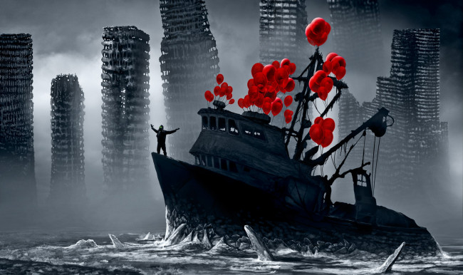 Обои картинки фото фэнтези, корабли, романтика, апокалипсиса, красные, шарики, арт, руины, корабль, люди