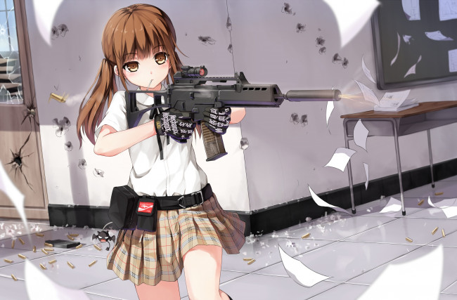 Обои картинки фото аниме, -weapon,  blood & technology, девушка, шатенка, перчатки, юбка, оружие, арт, yuri shoutu