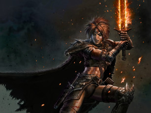 Картинка фэнтези девушки огонь женщина воин варвар меч плащ магия мех