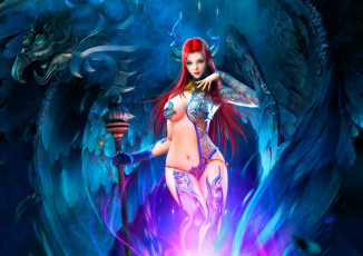 Картинка фэнтези демоны эротика арт девушка взгляд красные волосы рога крылья