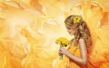 Картинка девушки -unsort+ блондинки блондинка платье желтый одуванчики