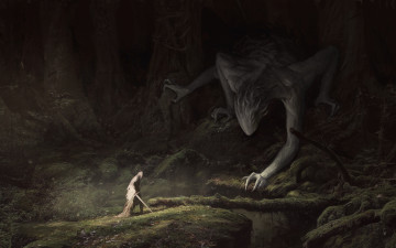 Картинка фэнтези нежить арт fantasy человек плащ меч лес деревья ветки мох существо