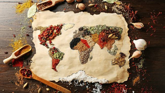 Обои картинки фото еда, крупы,  зерно,  специи,  семечки, чеснок, перец, бадьян, карта