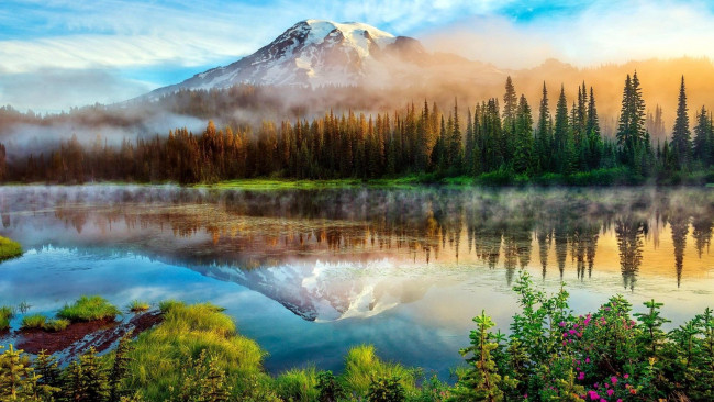 Обои картинки фото природа, реки, озера, облака, туман, озеро, деревья, отражение, гора