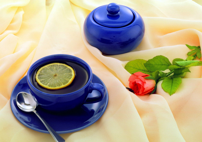 Обои картинки фото еда, напитки,  Чай, чай, сахарница, чашка, роза, лимон