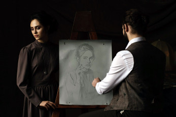 Картинка разное мужчина+женщина художник модель мольберт портрет