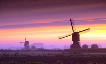 Картинка разное мельницы голландия нидерланды мельница поля небо заря