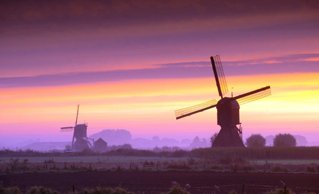 Обои картинки фото разное, мельницы, голландия, нидерланды, мельница, поля, небо, заря
