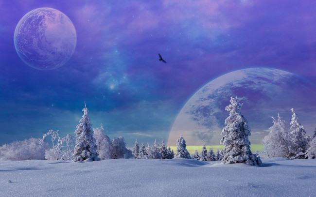 Обои картинки фото разное, компьютерный дизайн, планеты, снег, деревья, зима, фантастика