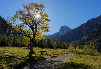 Картинка природа дороги горы деревья небо солнце тропа скамейка