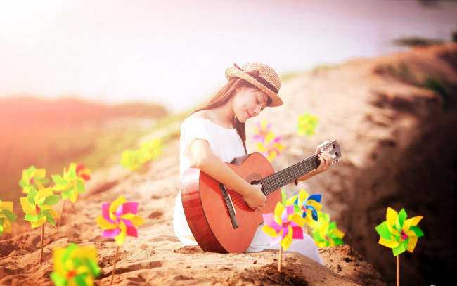 Обои картинки фото музыка, -другое, шляпа, гитара, девушка, песок