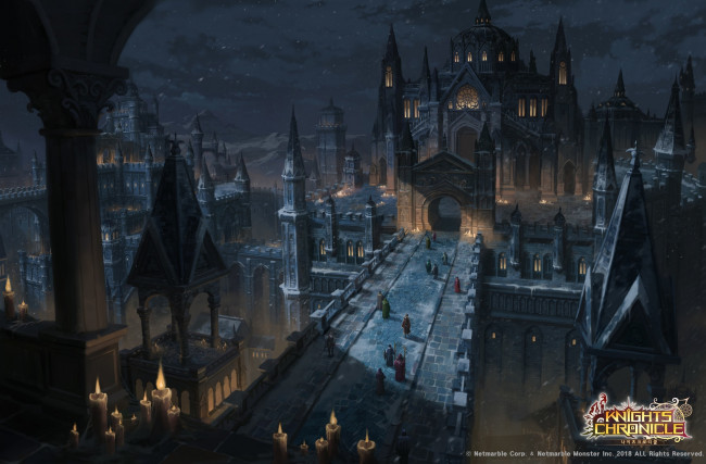 Обои картинки фото видео игры, knights chronicle, город, замки, мост, свечи, люди