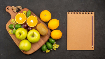 Картинка еда фрукты +ягоды фейхоа яблоки киви лимоны блокнот карандаш