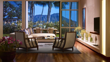Картинка интерьер веранды +террасы +балконы горы пальмы тропики вернада орхидеи