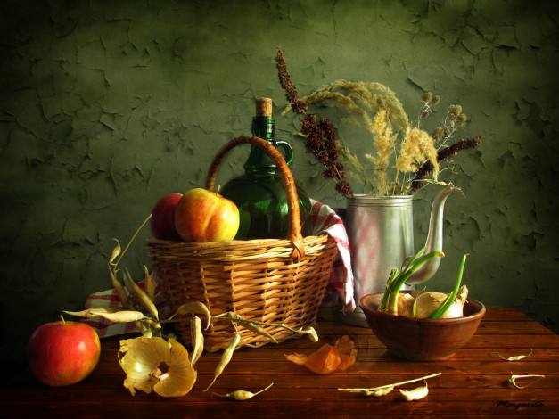 Обои картинки фото авт, margarita, epishina, еда, натюрморт, лук, яблоки, бутыль, корзина, миска, фасоль