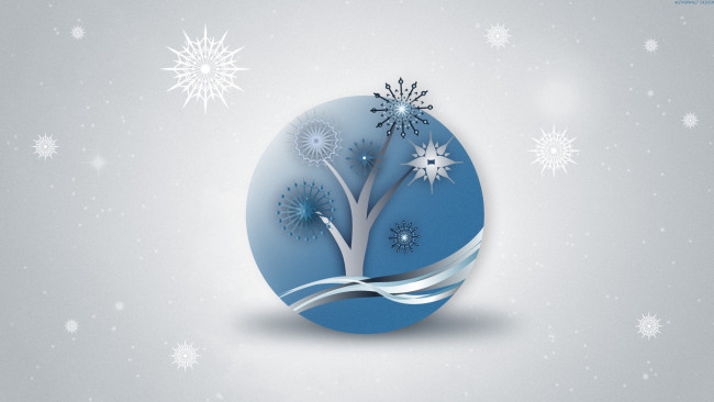 Обои картинки фото векторная, графика, снежинки, дерево, шар