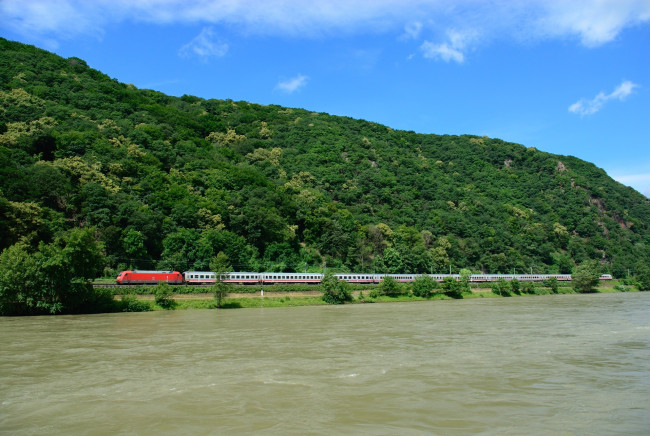 Обои картинки фото техника, поезда, поезд, река, лес